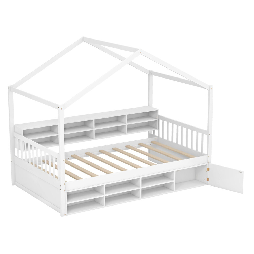 Single Size House Bed Wooden Platform Bed Frame with Roof-White