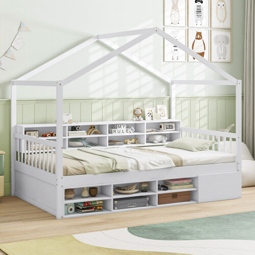 Costway Single Size House Bed Wooden Platform Bed Frame with Roof-White 2