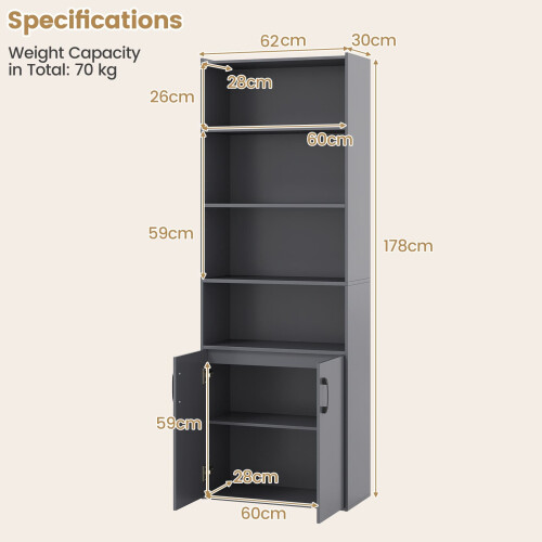 Costway 178cm Bookcase 6-tier Modern Style Storage Cabinet w/Shelves-Grey 2
