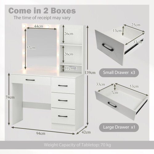 Costway Makeup Vanity Desk Dressing Table with Mirror and Lights-White 2