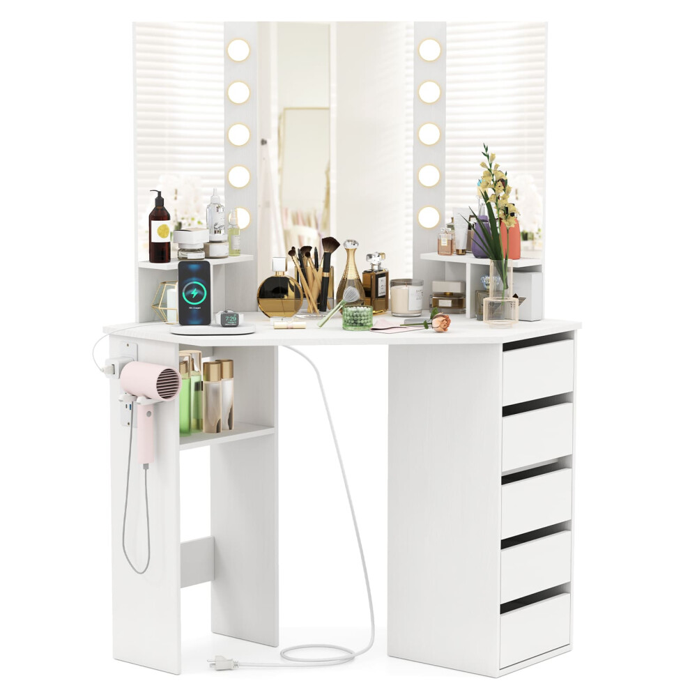 Corner Vanity Desk Makeup Vanity Table w/Power Outlets & Lighted Mirror