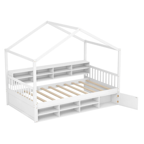 Costway Single Size House Bed Wooden Platform Bed Frame with Roof-White 1