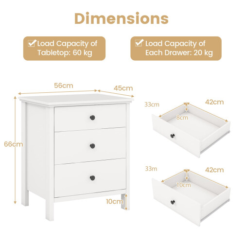 Costway Compact Storage Chest Bedroom Nightstand w/ 3 Drawer-White 2
