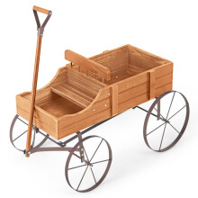 Wood Wagon Flower Planter Decorative Pot Stand with Wheels-Brown