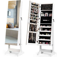 Jewelry Cabinet Free Standing Jewelry Armoire w/Full-Length Mirror-White