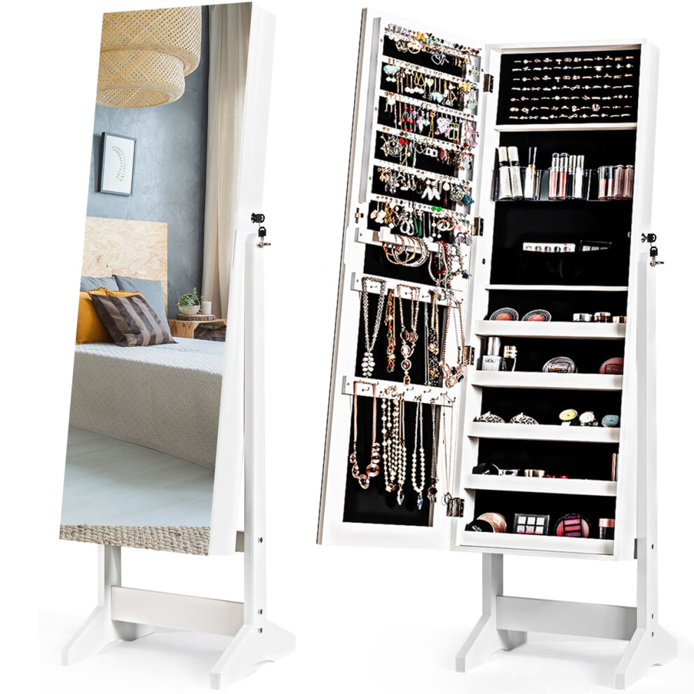 Jewelry Cabinet Free Standing Jewelry Armoire w/Full-Length Mirror-White