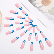 Lackblumen-Press-On-French-Nägel, blau, lange Tube, Ballerina-Kunstnägel, fortgeschrittene Tipps