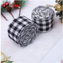 2 Rollen kariertes Sackleinenband, Weihnachtsband mit Draht, Geschenkband für Weihnachtsbasteldekoration, 63 mm