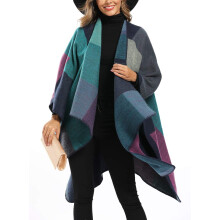 Damen Farbblock Schal Wickel Übergröße Strickjacke Poncho Cape Vorne Offen Lang Winter Pullover Mantel