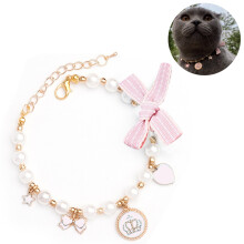 Hunde- und Katzen-Perlenhalsband, Bling-Accessoires, Band, Liebes-Charm-Anhänger, Haustier-Schmuck – Pink-M