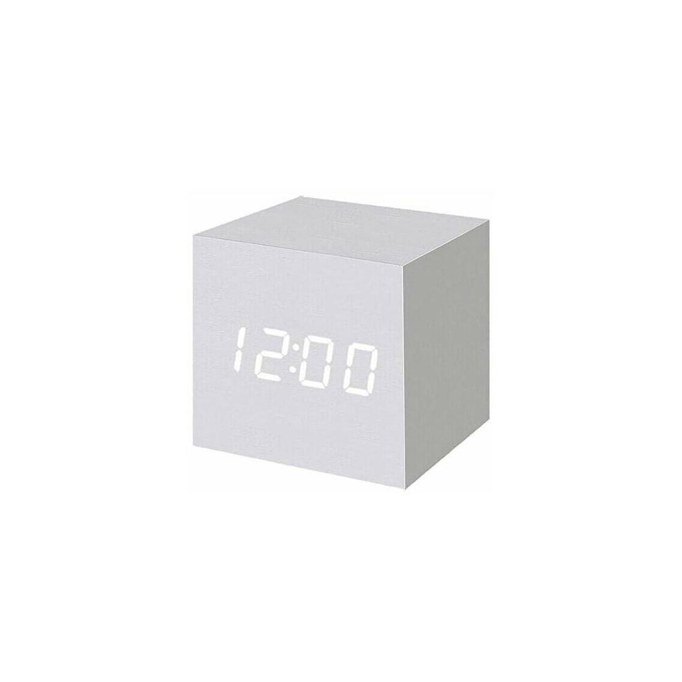 1 réveil numérique LED en bois blanc, cube numérique avec affichage de la date et de la température, prise USB, batterie
