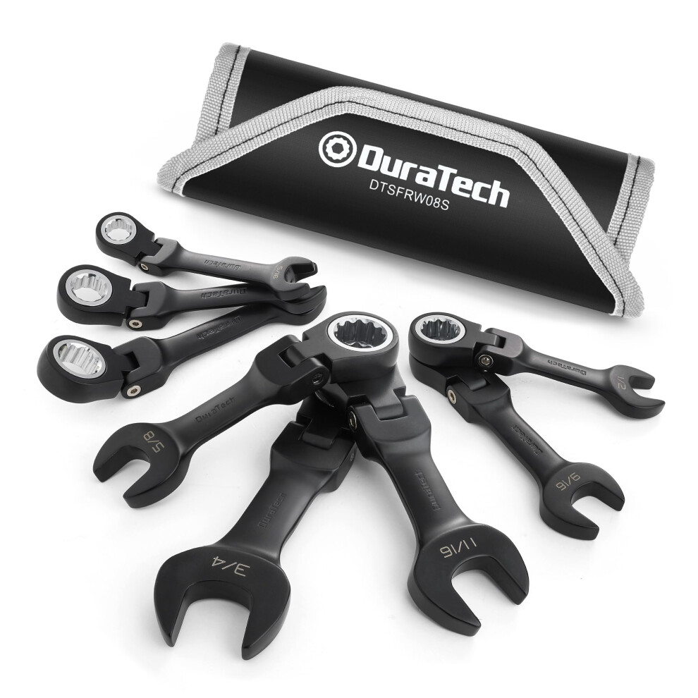 DURATECH Stubby Flex-head Ratcheting Combination Wrench Set SAE 8-piece 5/16"" to 3/4"" CR-V Steel Black Electrophoretic Coating with Rolling Po