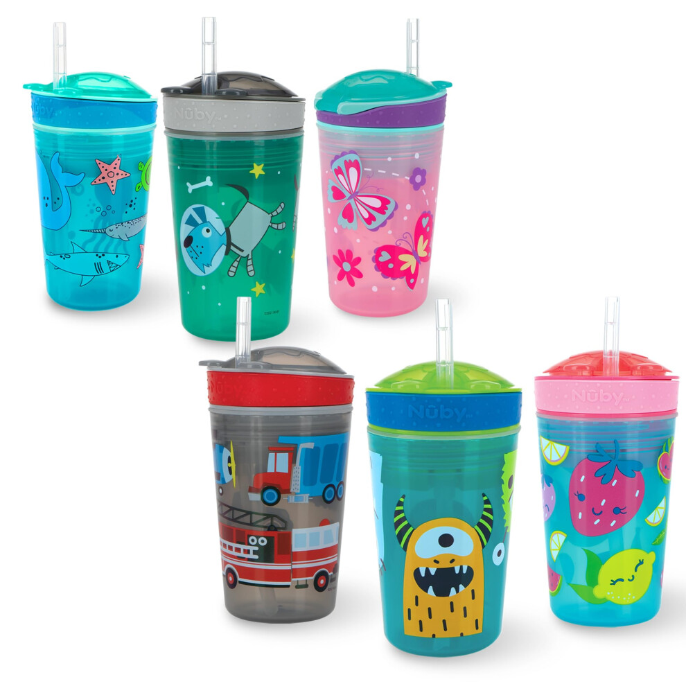 Nuby All in One Snack Bowl and No Spill Soft Straw Cup - 1 Pack Multicolor Snack N' Sip - Holds: 4.5 oz Container with Lid and 9 oz/ 270 ml Straw Cup