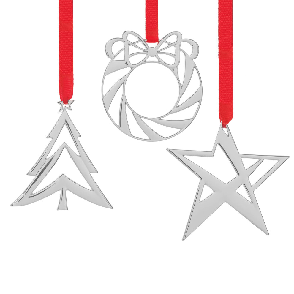 Nambe Mini Ornement De Vacances Ensemble 3 Pi Ces (Star Wreath Tree) - Ornements Plaqu S En Argent Pour Arbre De No L Avec Ruban Suspendu-image