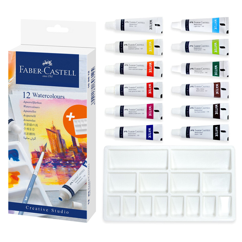 Faber-Castell Watercolor Paint Set - 12 Liquid Watercolors Paint Tubes (9ml) and Mixing Palette - Watercolor Art Supplies for Beginners and Hobby Arti