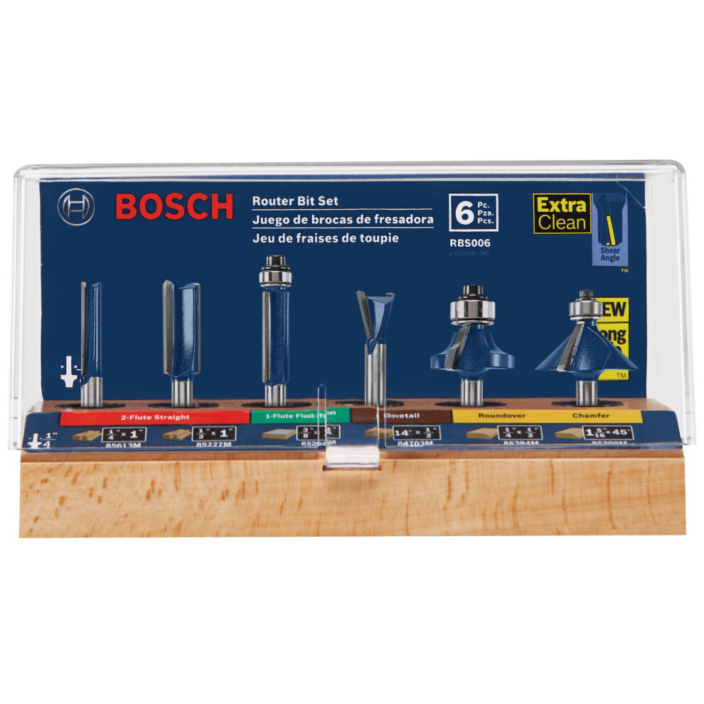BOSCH RBS006 6-Piece 1/4 in. Shank Carbide-Tipped Multi-Purpose Router Bits Assorted Set with Included Storage Case for Applications in Straight  Trim