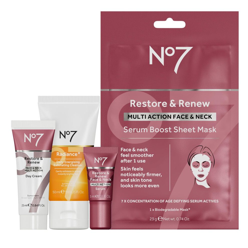 No7 Skincare Treats Gift Set - Travel Kit Includes Radiance+ Travel Size Face Wash  Restore & Renew Day Cream  Face & Neck Serum & Sheet Mask - Anti-A