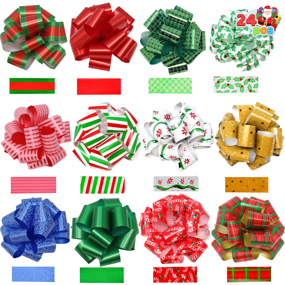 JOYIN 24 PCS Christmas Wrap Ribbon Pull Bows (5"" Wide); Easy and Fast Gift Wrapping Accessory for presents  Bows  Baskets  Wine Bottles Decoration  X
