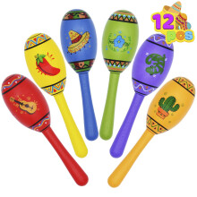 JOYIN 12 Mini Fiesta Maracas in legno 6 disegni Noisemaker per la Fiesta messicana Cinco De Mayo Bomboniere Divertimento musicale Feste di comple