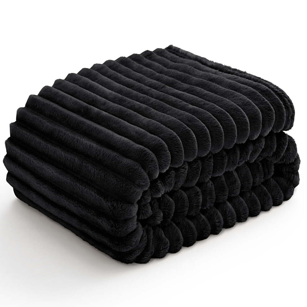 BEDELITE Fleece Throw Blanket for Couch 300GSM Soft & Warm Fluffy Twin Blanket Decorative and Giftable Striped Black Blankets for Women Men 60""x8
