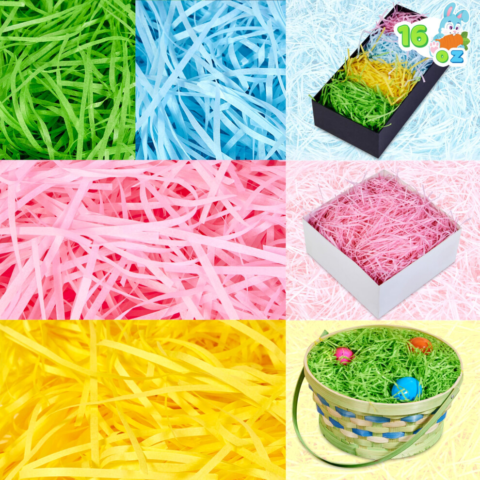 JOYIN 16 Oz Easter Fake Grass in 4 Colors Paper Shred Filler for Basket Filling  DIY Gift Wrapping  Party Decoration  Easter Egg Hunt (Pink  Yellow  S