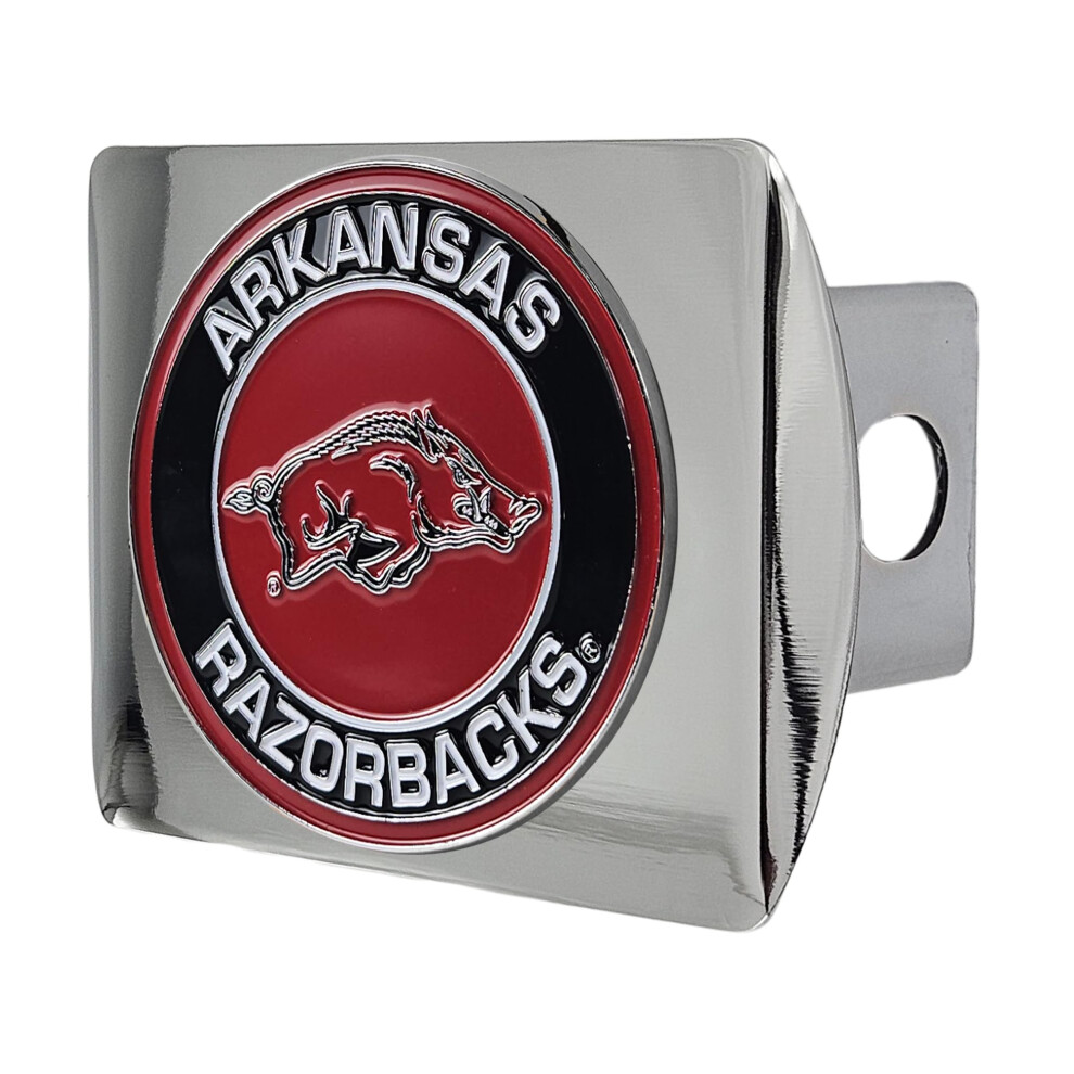 University Of Arkansas Razorbacks Chrome Metal Hitch Cover With 3D Color Team Logo By Fanmats - Round Molded Design - Easy Installation On Truck Suv 840391206793