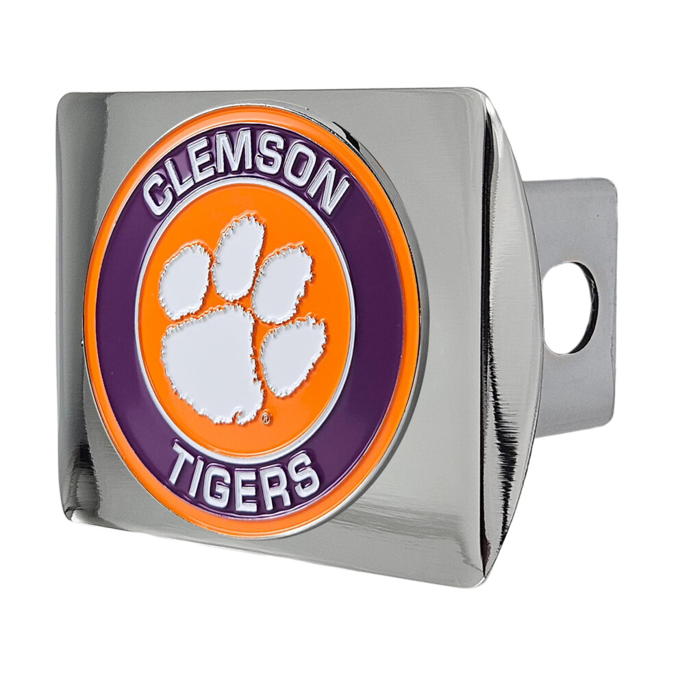 Clemson University Tigers Chrome Metal Hitch Cover With 3D Chrome Color Logo By Fanmats - Round Molded Design - Easy Installation On Truck Suv Car - 840391206823