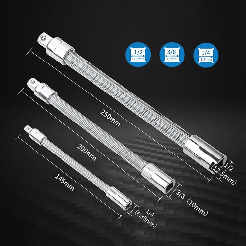(As show, One size) 3Pcs Flexible Socket Extension Cables 1/4 3/8 1/2 Flex Socket Extension Bar Set Drive Light Impact E 1