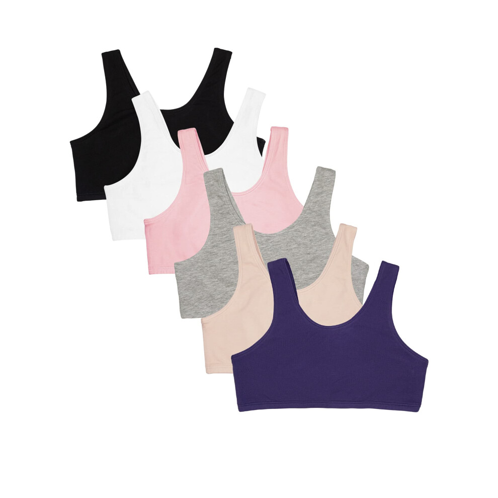 Fruit Of The Loom Girls' 6-Pack Cotton Built-Up Stretch Sports Bra Blueberry/Black/Grey/White/Sand/Blush 36
