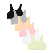 Reggiseno sportivo elasticizzato Fruit of the Loom Big Multi Cotton per bambine, disponibile in confezioni da 6 nei colori lenticchia/mango/rosa
