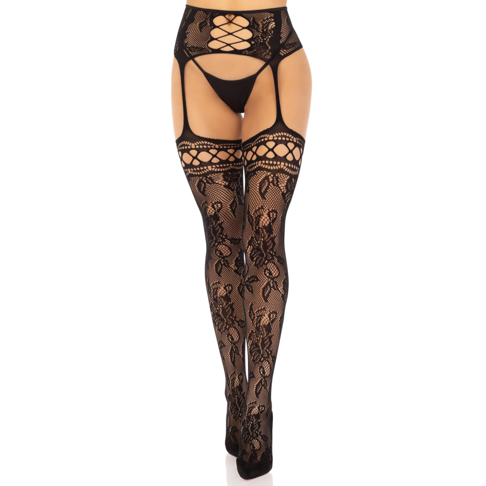 Leg Avenue French Rose Lace Backseam Stockings With Attached Garter Belt.