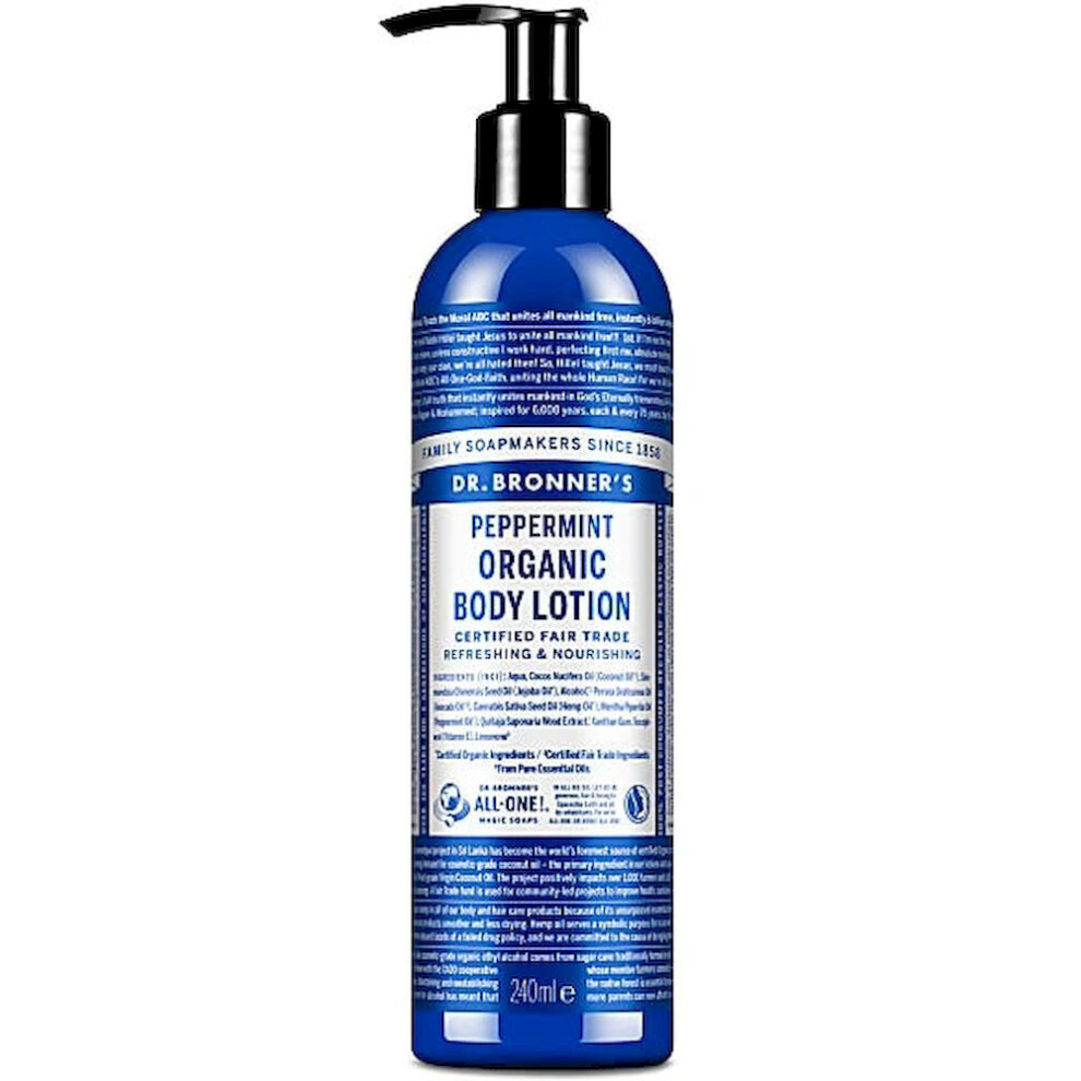 Dr Bronner's Organic Peppermint Hand and Body Lotion, Made with Organic Oils, Used for Face and Body, Certified Fair