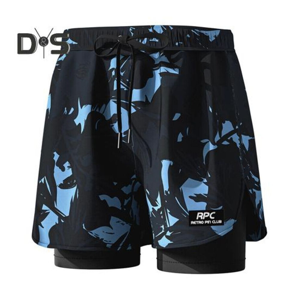 (bleu marine, XL) Short de bain d'été pour homme avec poches de compression, taille élastique, cordon de serrage et impression