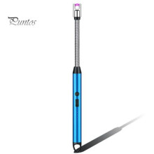 (blu) Accenditore elettrico USB con accenditore a impulsi senza fiamma, antivento, con manico lungo,
