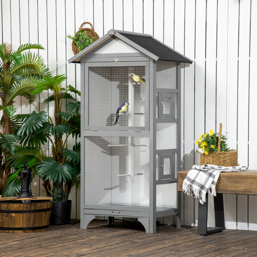 PawHut Wooden Bird Aviary, Outdoor Bird Cage for Finch, Canary w/ Tray - Grey