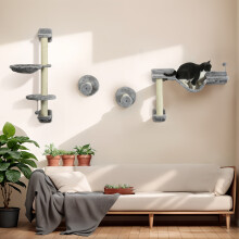 PawHut 4Pcs Wall Mounted Cat Shelves with Hammock, Scratching Post, Grey