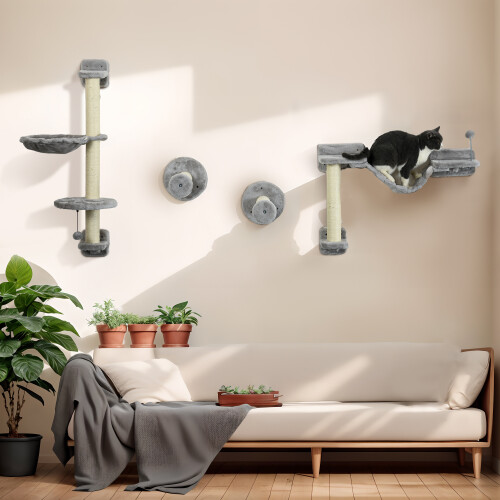 PawHut PawHut 4Pcs Wall Mounted Cat Shelves with Hammock, Scratching Post, Grey