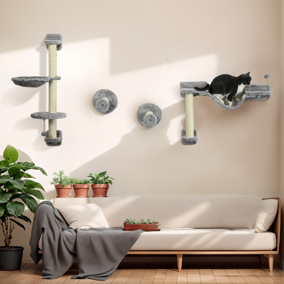 Pawhut 4Pcs Wall Mounted Cat Shelves With Hammock, Scratching Post, Grey