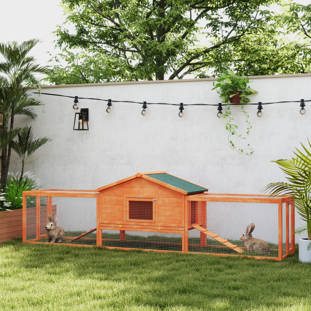 PAWHUT Wooden Rabbit Hutch with Run, Tray, Ramps, Asphalt Roof, for 1-2 Rabbits, Orange - Image 3
