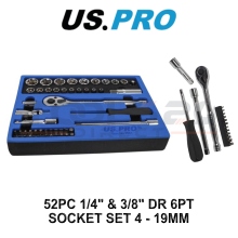 US PRO Tools 52pc Socket Set 1/4" 3/8" DR Metric 4 -19mm 6 Point in EVA Foam 7561