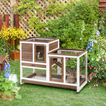PawHut Two-Tier Rabbit & Guinea Pig Hutch with Wheels, Enclosed Run, Fir Wood - Brown/White - D51-125BN