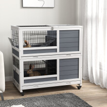 PawHut Rabbit Hutch, Indoor Wooden House w/ Wheels, Trays, Grey