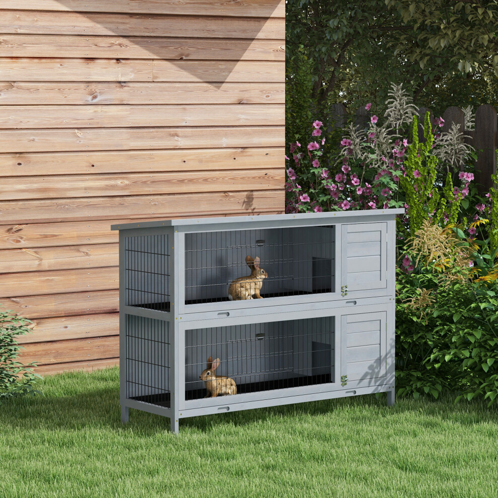 Pawhut Grey Rabbit Hutch, Guinea Pig Hutch With No-Leak Trays & Divider,