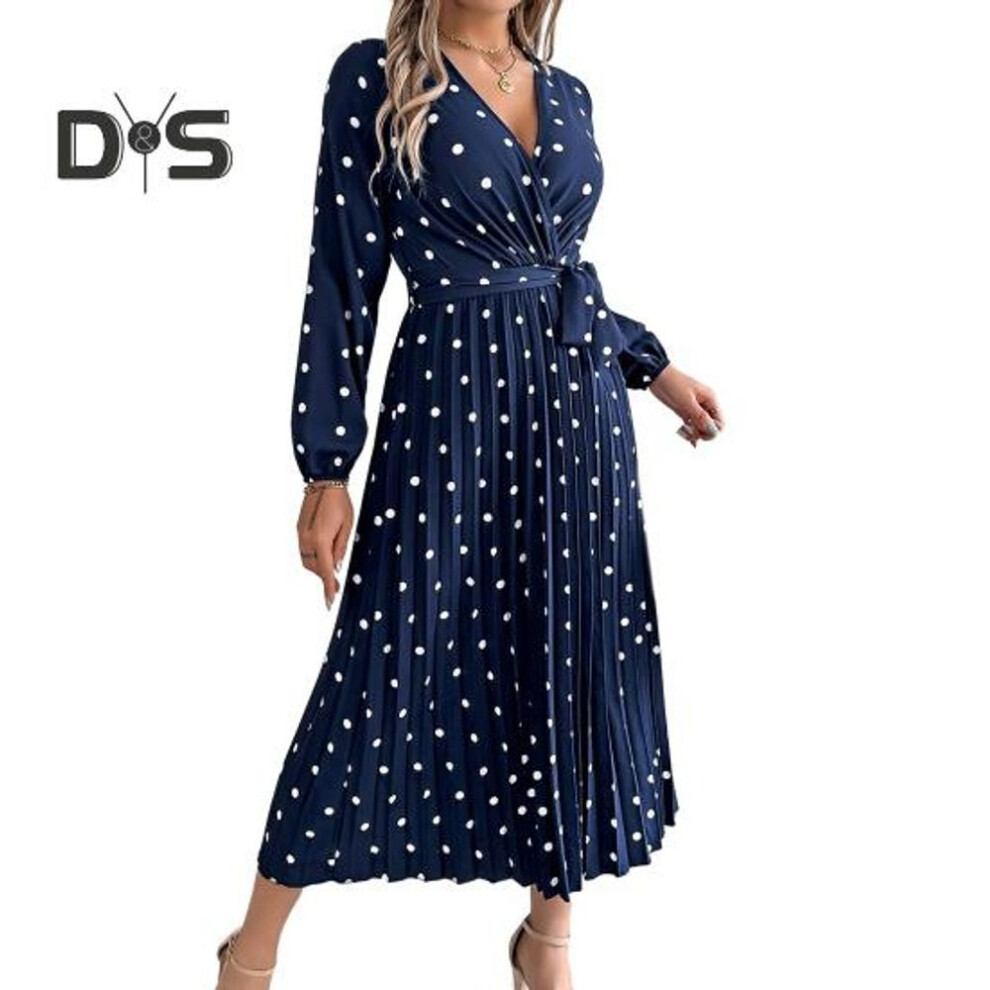 (navy blue, M) Women's Long Sleeve Dress V-Neck Polka Dot Dress with Tie Waist Long Pleated Dress for Office Parties Date
