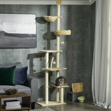 PawHut Floor To Ceiling Cat Tree 6-Tier with Scratch Post Bed Hammock Beige