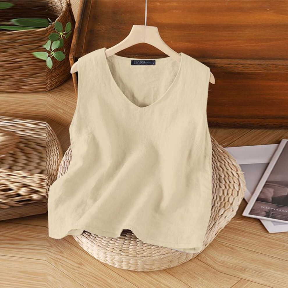 (XL, beige) ZANZEA Women Casual V-Neck Summer Sleeveless Tank Tops