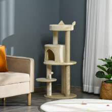 PawHut 104cm Cat Tree Condo Tower with Scratching Posts, Perches & Hanging Ball - Cream (D30-274CW)