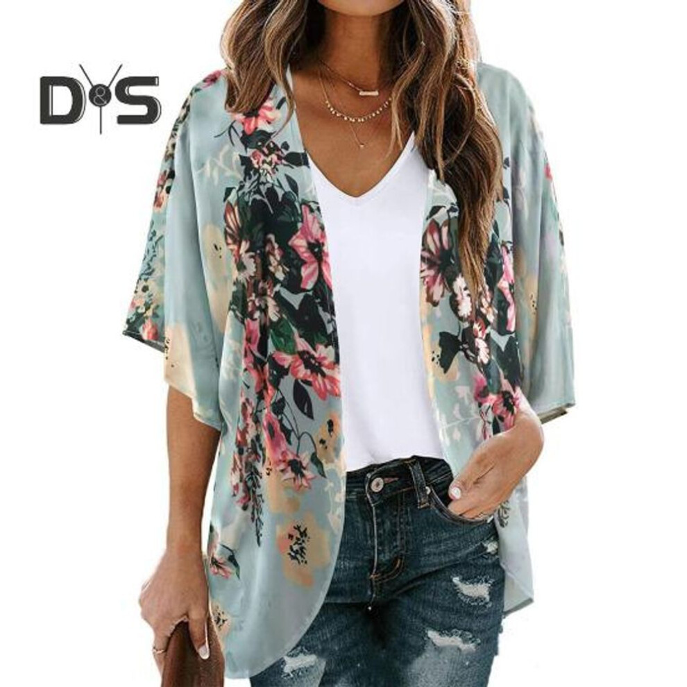 (XL, blue) Women Beach Shirt Flower Print Short Sleeve Open Stitch Thin Soft Breathable Sun Protection Anti UV Loose Lady Beach Cover up Top