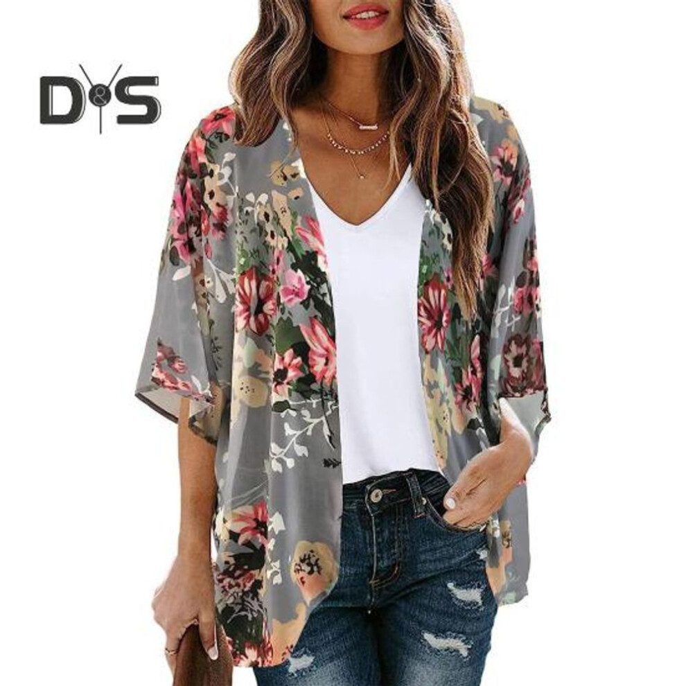 (M, grey) Women Beach Shirt Flower Print Short Sleeve Open Stitch Thin Soft Breathable Sun Protection Anti UV Loose Lady Beach Cover up Top