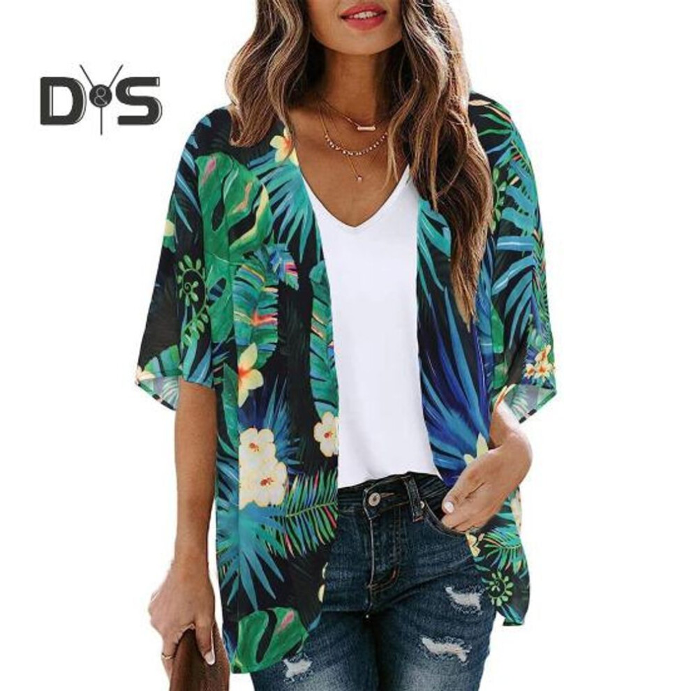 (S, green) Women Beach Shirt Flower Print Short Sleeve Open Stitch Thin Soft Breathable Sun Protection Anti Uv Loose Lady Beach Cover Up Top